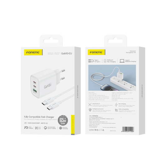 Foneng GaN10-EU A+C+C 3-Port GaN Charger (65W) With C-to-C Cable | White