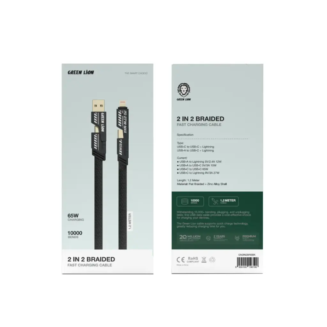 Green Lion 2 in 2 Braided Cable C to C+L and A to C+L 1.2m 65W