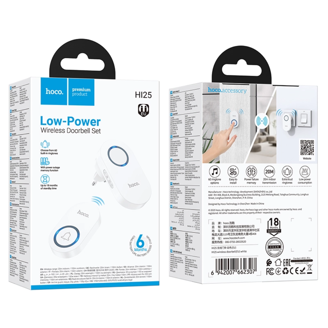 Hoco HI25 Wireless Doorbell | 60 Chimes | 150m Range
