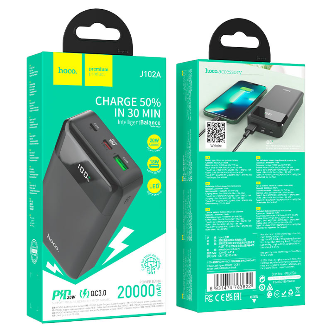 Hoco Power bank “J102A Cool figure” PD20W + QC3.0 20000mAh | Black