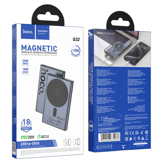 Hoco Power bank “Q32 Bird” PD20W wireless charging 5000mAh | Metal Grey