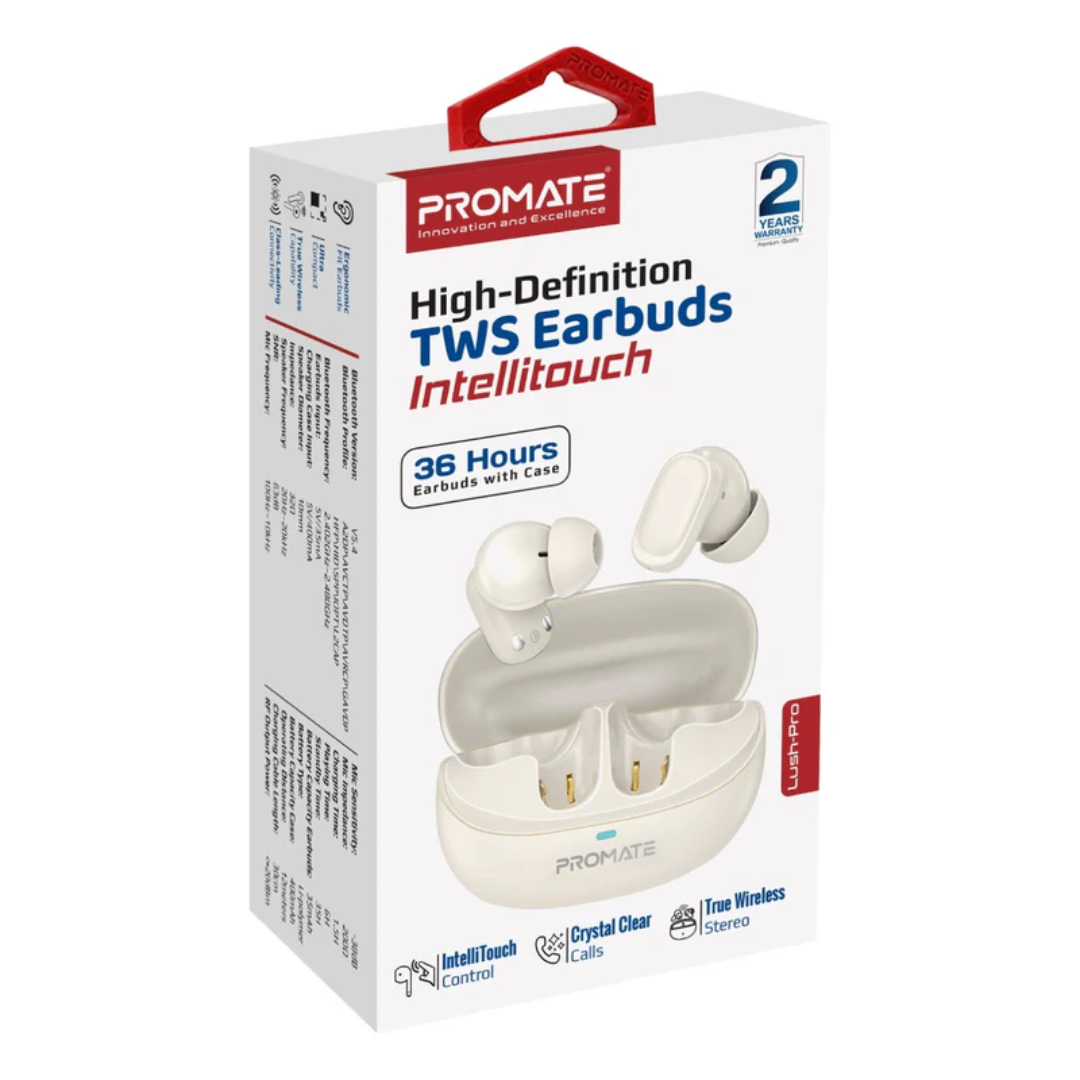 Promate High-Definition TWS Earbuds with Intellitouch - Lush-Pro | White