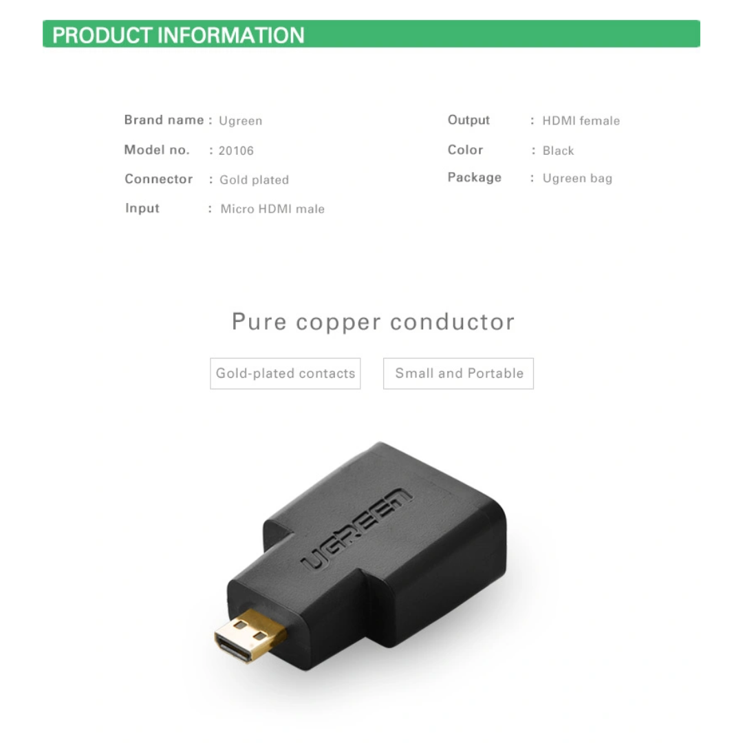 UGREEN Micro HDMI Male to HDMI Female Connector – 20106