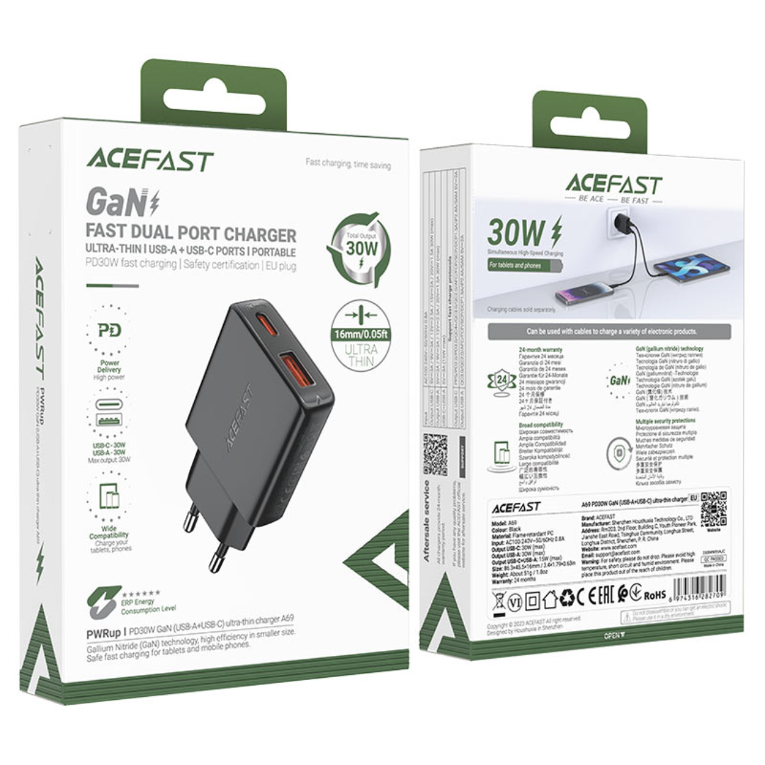 ACEFAST Fast Charge Wall Charger A69 PD30W GaN (1xUSB-C + 1xUSB-A) EU