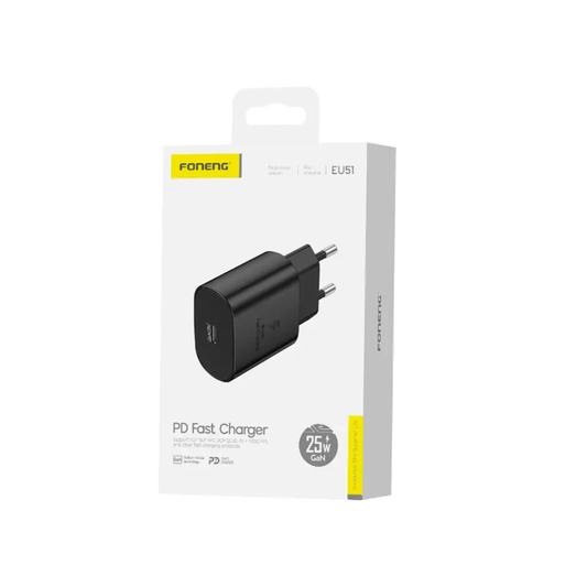 Foneng EU51 USB-C GaN Charger (25W) with C-to-Lightning Cable | Black