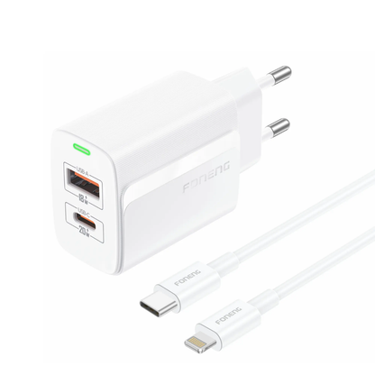 Foneng EU66 A+C 2-Port Charger (PD20W) With C-to-Lightning Cable | White