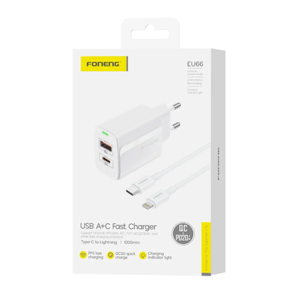 Foneng EU66 A+C 2-Port Charger (PD20W) With C-to-Lightning Cable | White