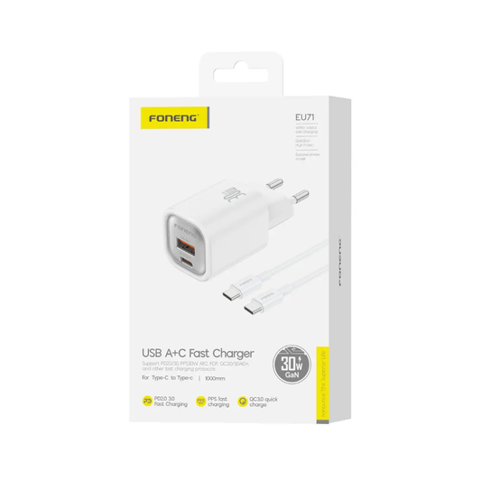 Foneng EU71 A+C 2-Port GaN Charger (PD30W) With C-to-C Cable | White