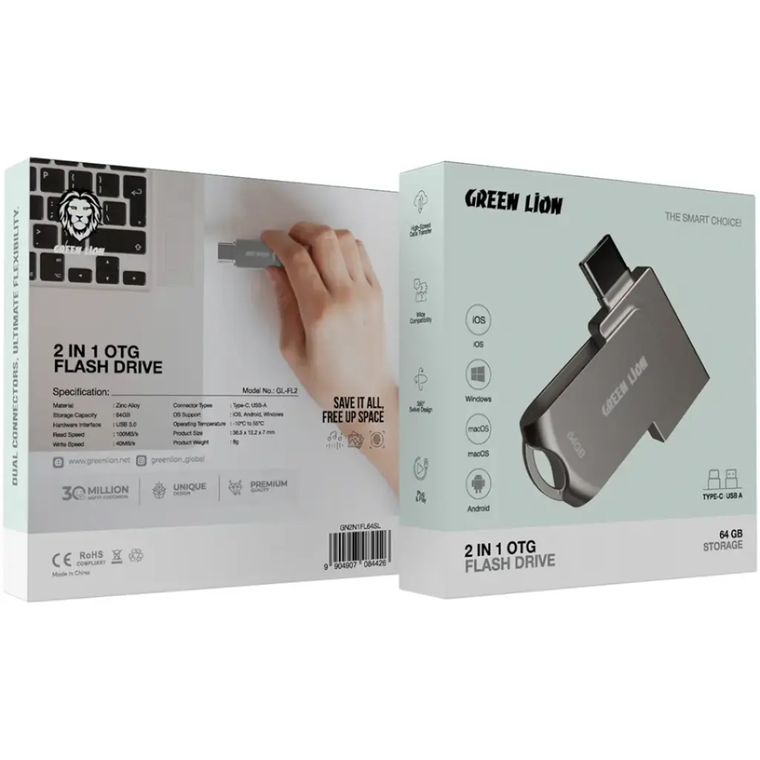 Green Lion 2 in 1 OTG USB-C Flash Drive USB 3.0 - 64GB