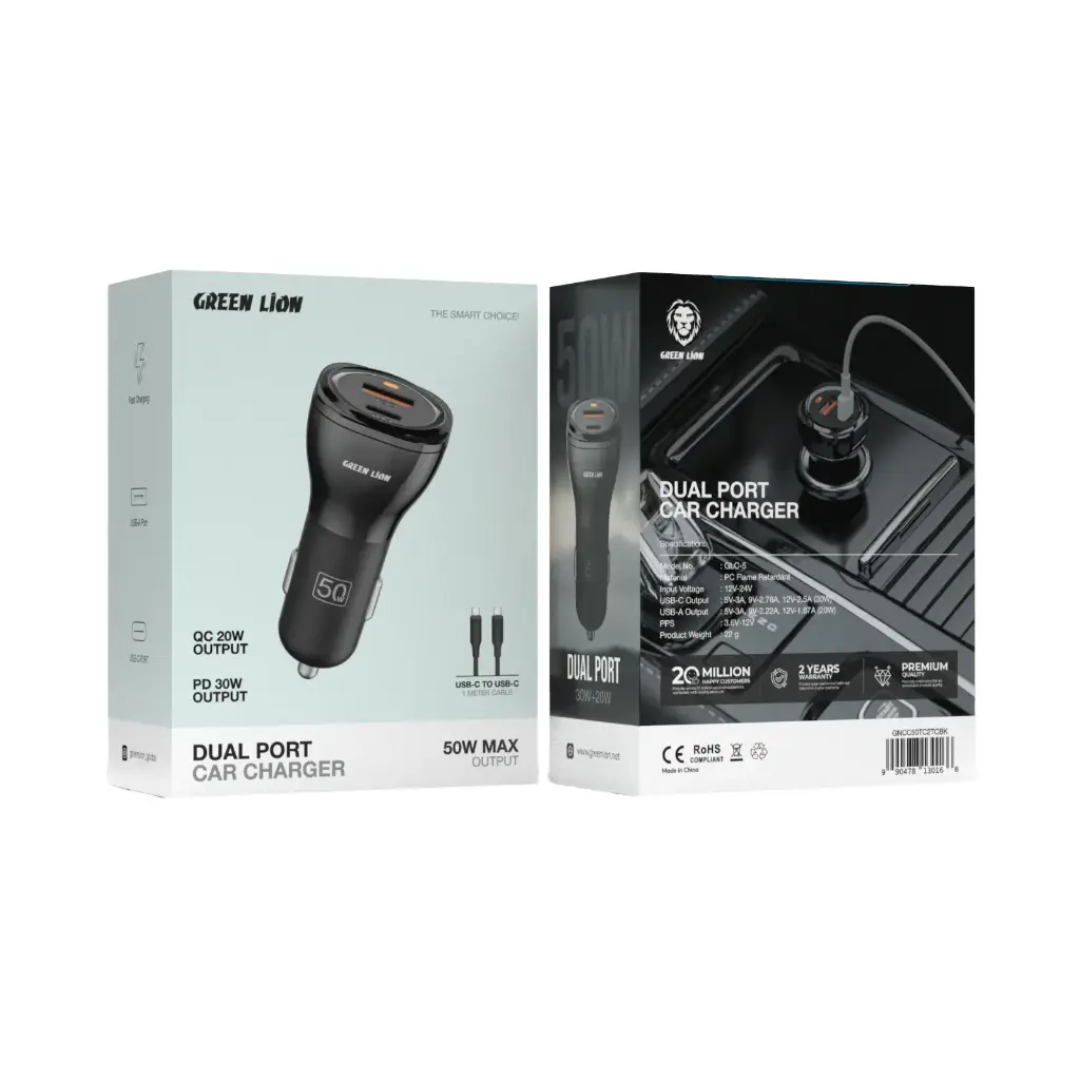 Green Lion Dual Port Car Charger 50W (with C to C Cable)