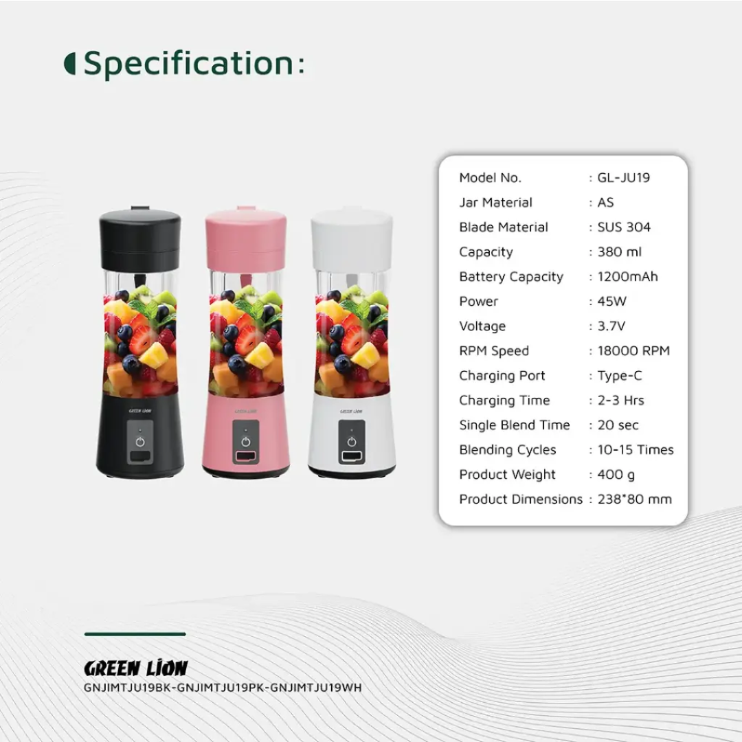 Green Lion Juice Mate Portable Juicer 380mL | White