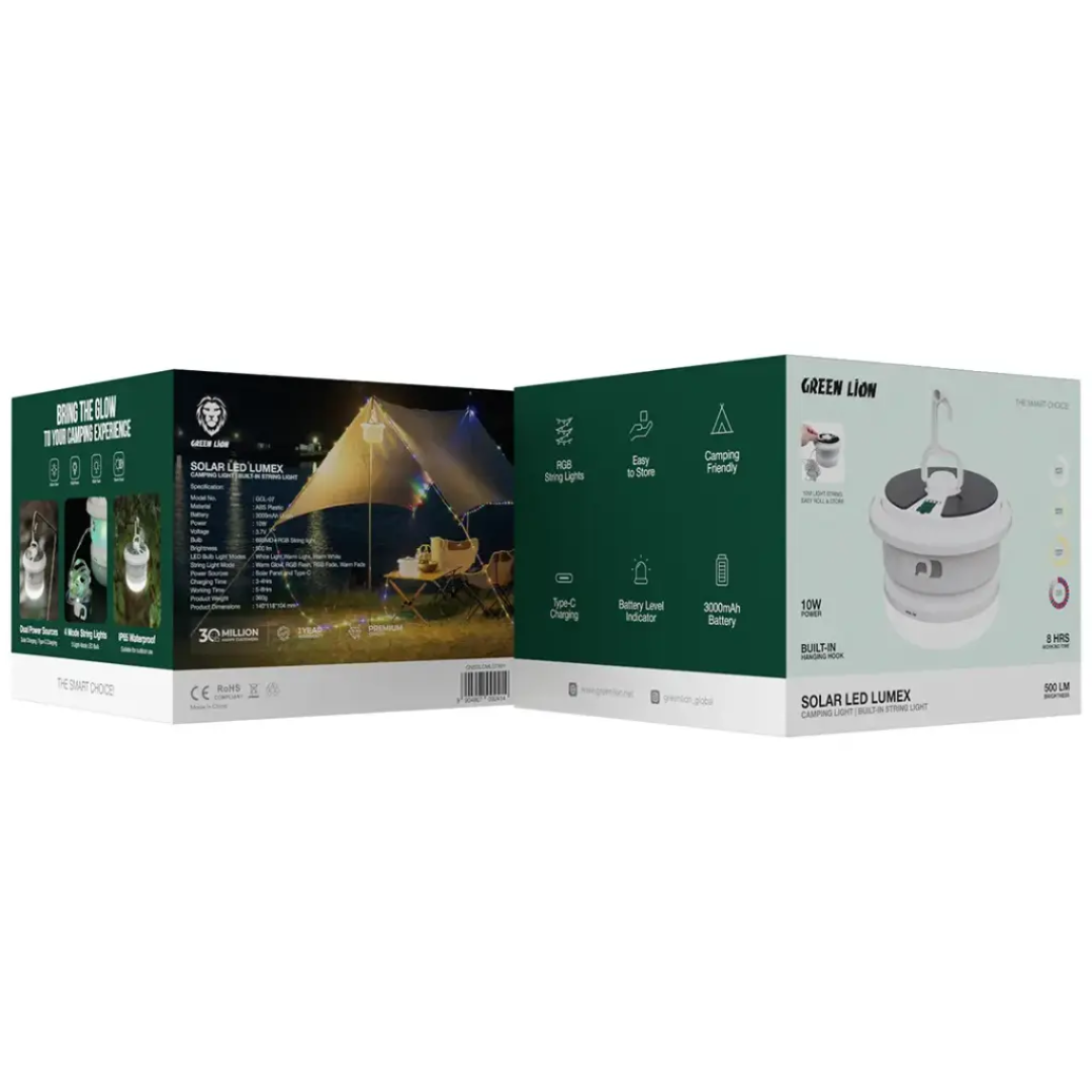 Green Lion Solar LED Lumex Camping Light & Built-In String Light