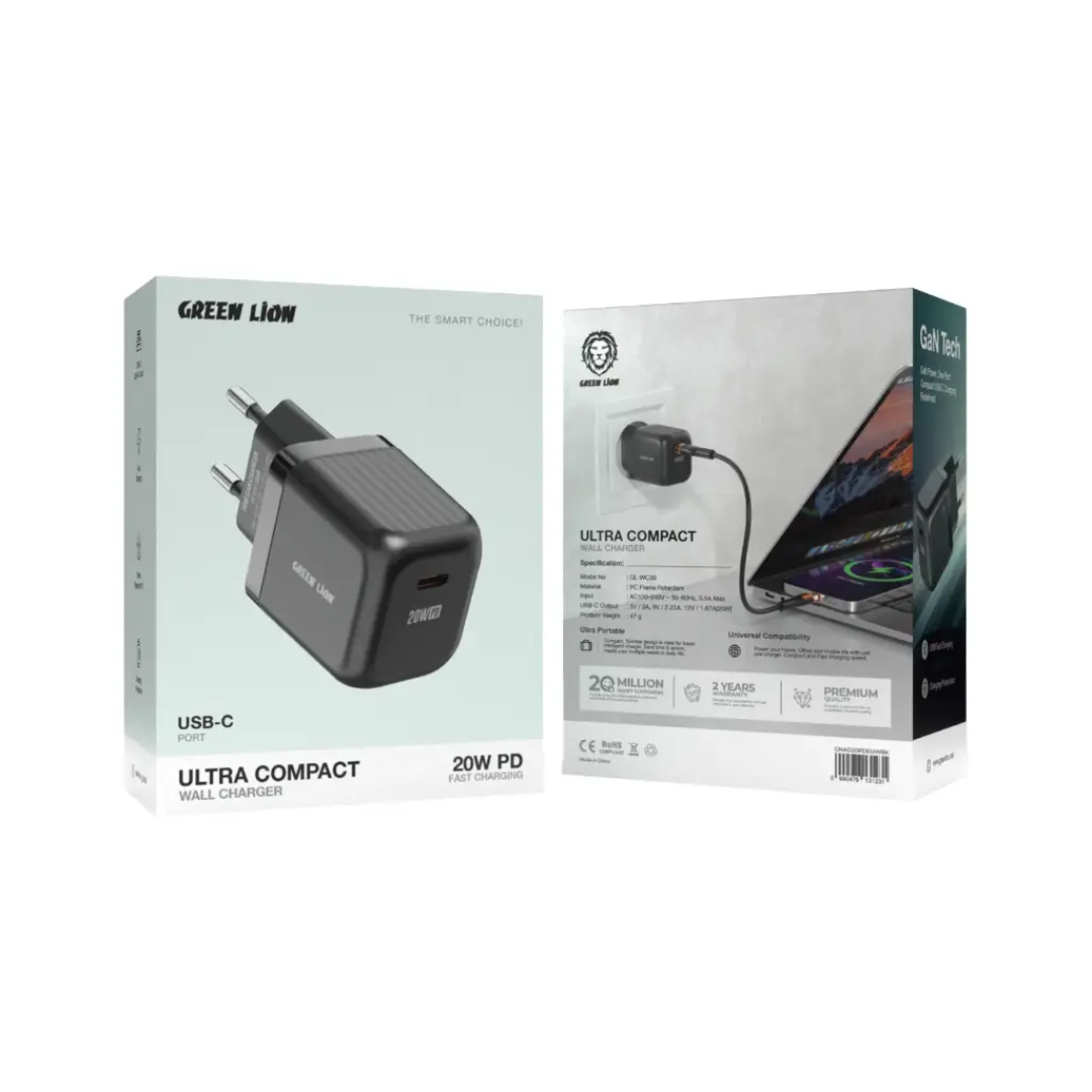 Green Lion Ultra Compact GaN Wall Charger EU Pin USB-C 20W (with C to C Cable)
