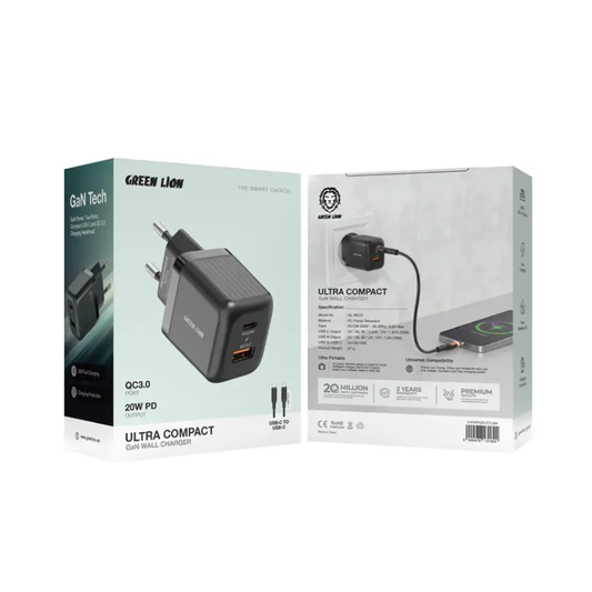 Green Lion Ultra Compact GaN Wall Charger EU Pin A+C 20W (with C to C Cable)