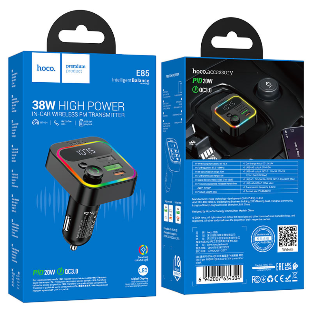 Hoco Car charger “E85 Tiger” PD20W QC3.0 with wireless FM transmitter