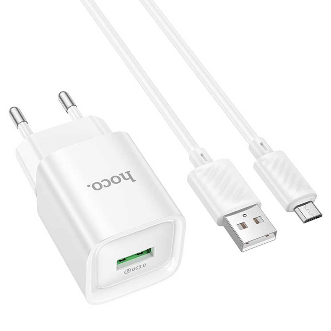 Hoco Wall charger “C145A Charm” QC3.0 EU set with USB-A to Micro-USB cable
