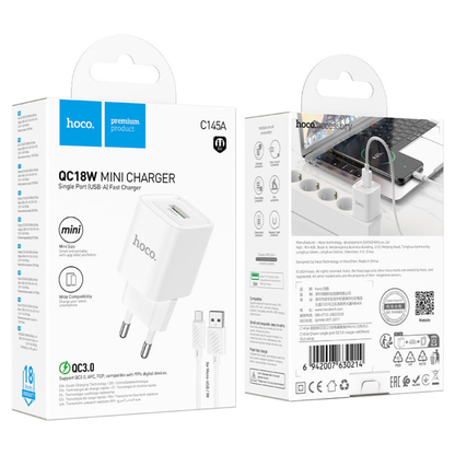 Hoco Wall charger “C145A Charm” QC3.0 EU set with USB-A to Micro-USB cable