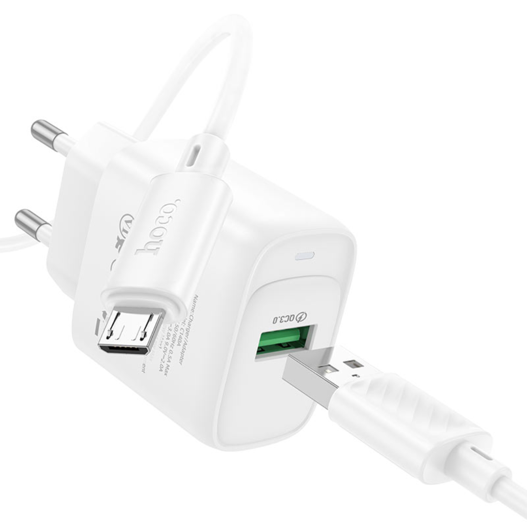 Hoco Wall charger “C140A Smart” QC3.0 EU Set with USB-A to Micro-USB cable | White
