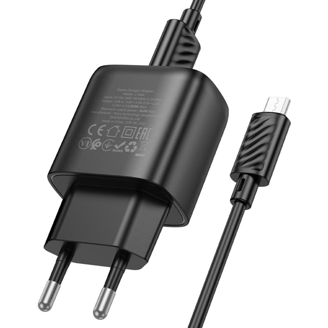 Hoco Wall charger “C140A Smart” QC3.0 EU Set with USB-A to Micro-USB cable | White