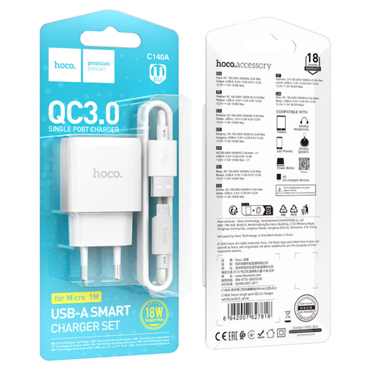 Hoco Wall charger “C140A Smart” QC3.0 EU Set with USB-A to Micro-USB cable | White