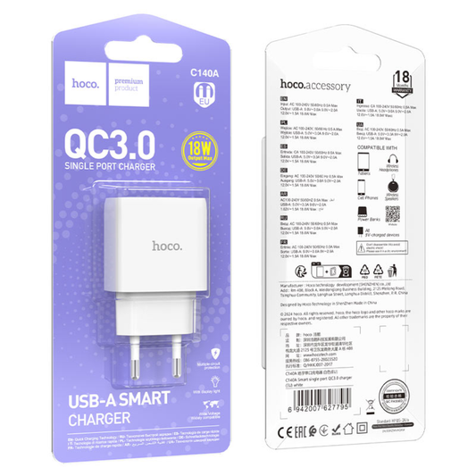 Hoco Wall charger “C140A Smart” QC3.0 EU Single charger | White
