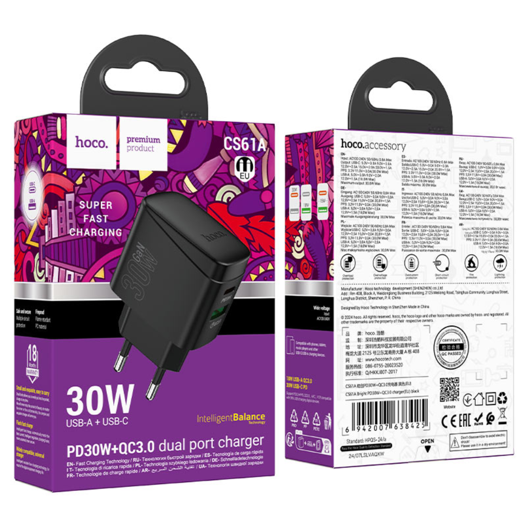 Hoco Wall charger “CS61A Bright” PD30W + QC3.0 EU