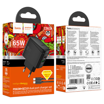 Hoco Wall charger “CS63A Bright” PD65W EU cable set with Type-C to Type-C cable