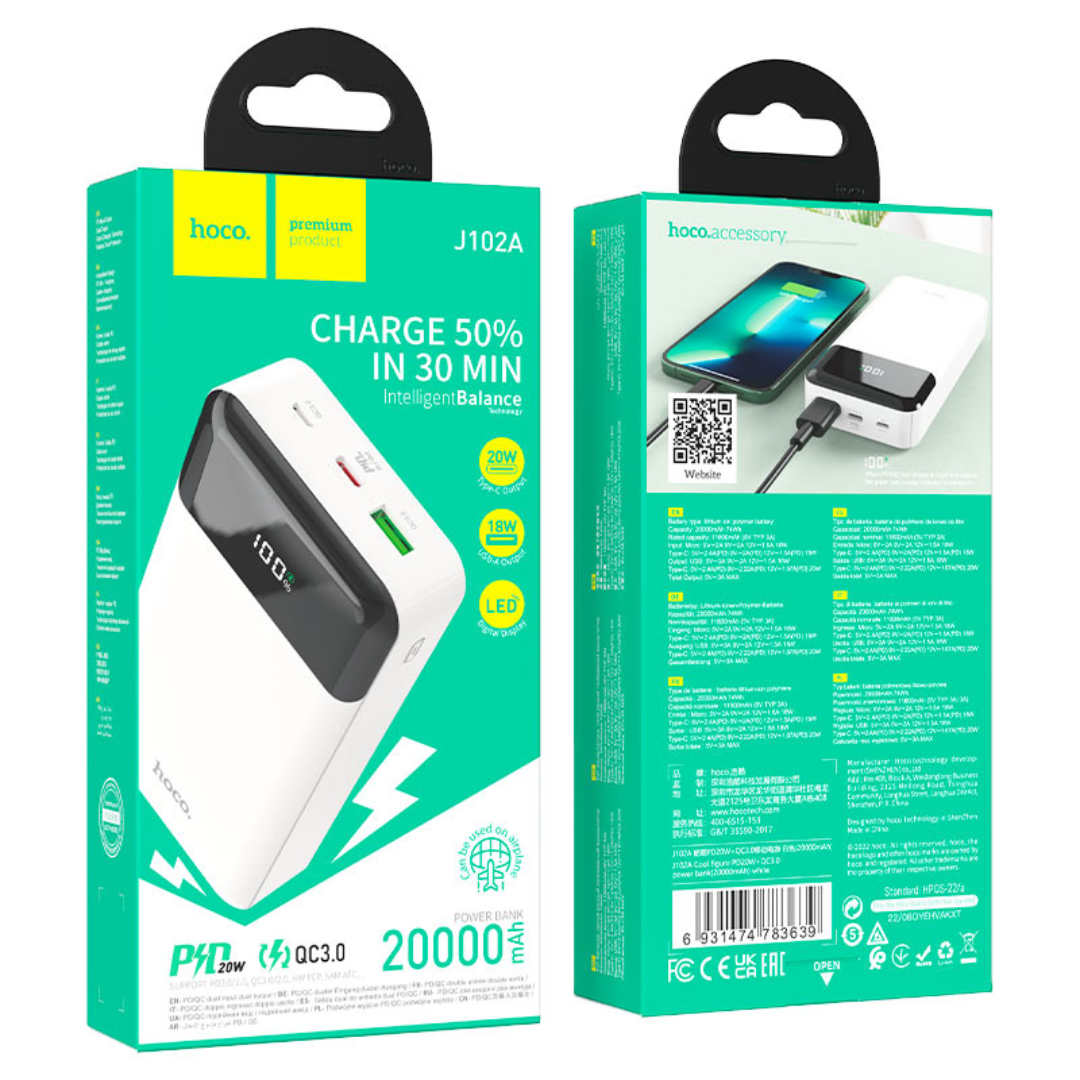 Hoco Power bank “J102A Cool figure” PD20W + QC3.0 20000mAh | White