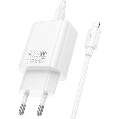 Hoco Wall charger “N63 Gentle” PD30W + QC3.0 EU Set with Type-C to iP cable | White