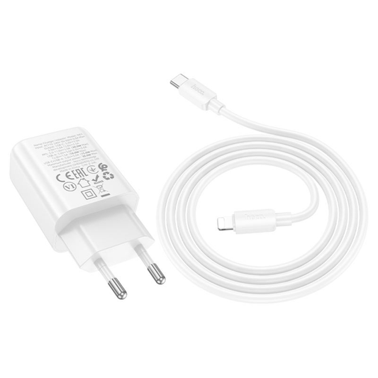 Hoco Wall charger “N63 Gentle” PD30W + QC3.0 EU Set with Type-C to iP cable | White