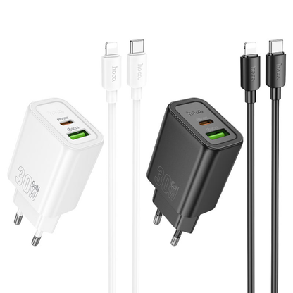Hoco Wall charger “N63 Gentle” PD30W + QC3.0 EU Set with Type-C to iP cable | White