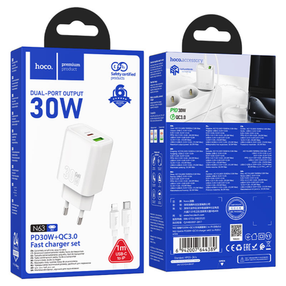Hoco Wall charger “N63 Gentle” PD30W + QC3.0 EU Set with Type-C to iP cable | White