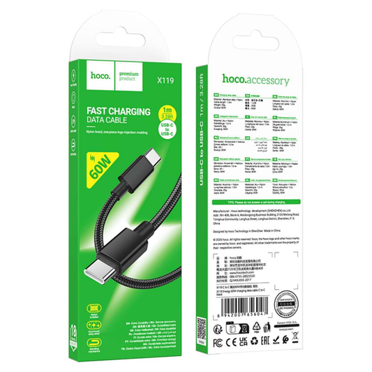 HOCO X119 Nylon 60W Type-C to Type-C Data Cable | Black