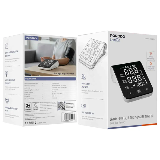 Porodo LiveOn - Digital Blood Pressure Monitor with Dual-User Memory