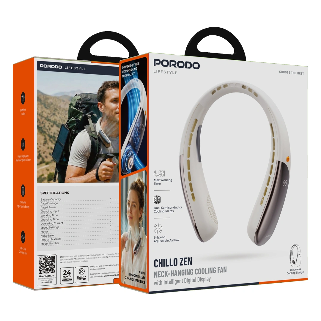 Porodo Lifestyle Chillo Zen Neck-Hanging Cooling Fan with Intelligent Digital Display | Beige