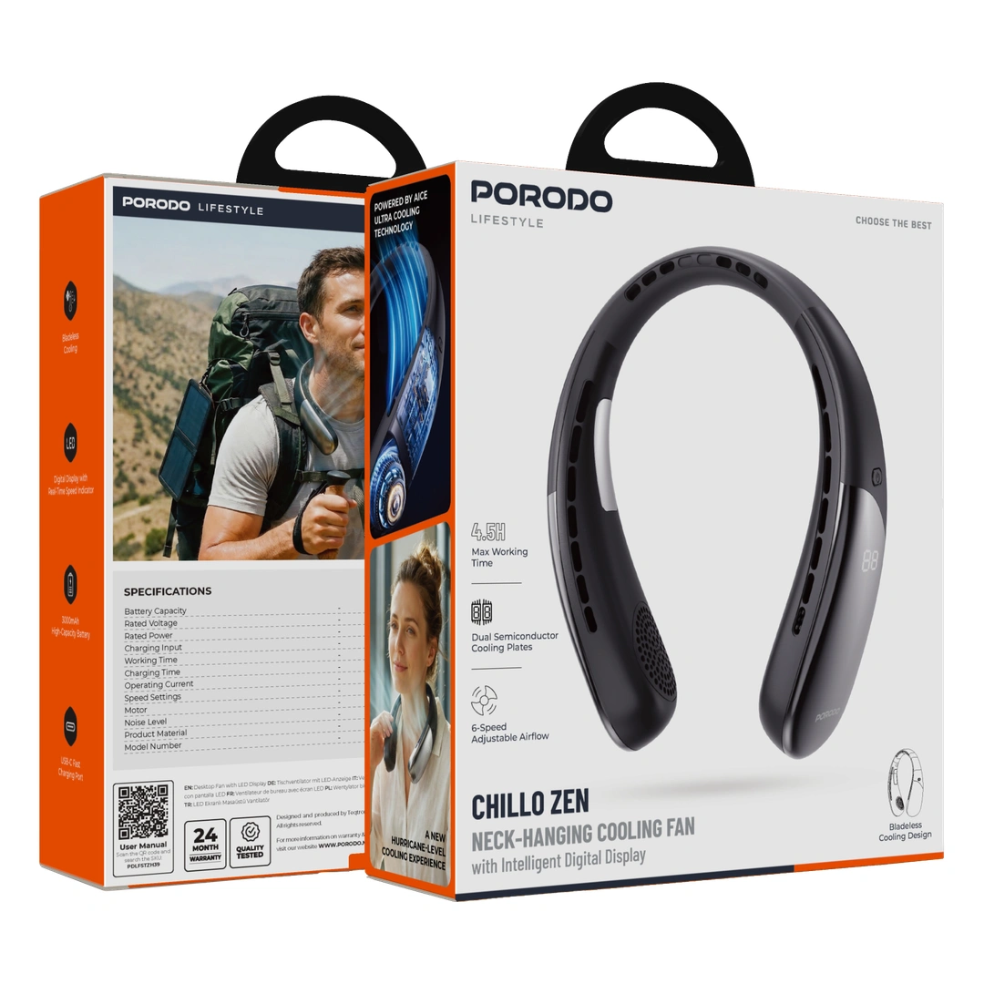 Porodo Lifestyle Chillo Zen Neck-Hanging Cooling Fan with Intelligent Digital Display | Black
