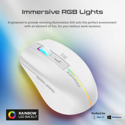 Promate Kitt 2.4GHz Wireless Ergonomic Optical Mouse with LED Rainbow Lights | White