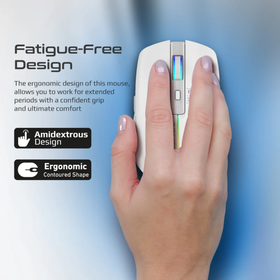 Promate Kitt 2.4GHz Wireless Ergonomic Optical Mouse with LED Rainbow Lights | White