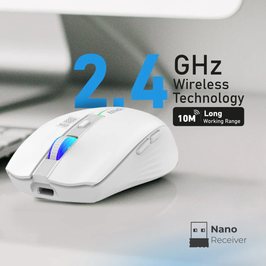 Promate Kitt 2.4GHz Wireless Ergonomic Optical Mouse with LED Rainbow Lights | White