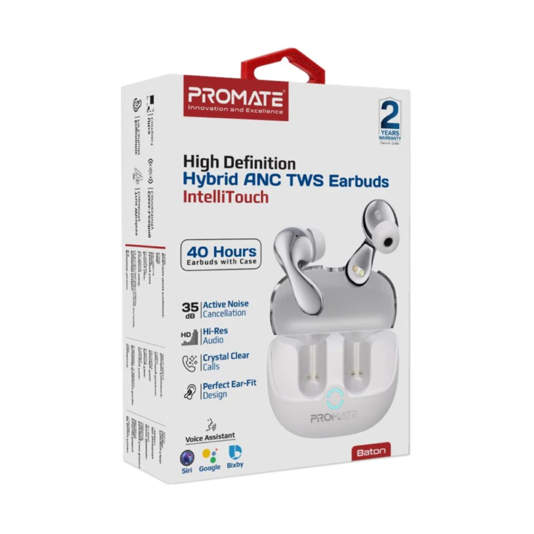 Promate High-Definition Hybrid ANC TWS Earbuds with IntelliTouch - Baton | White