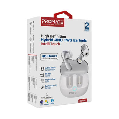 Promate High-Definition Hybrid ANC TWS Earbuds with IntelliTouch - Baton | White