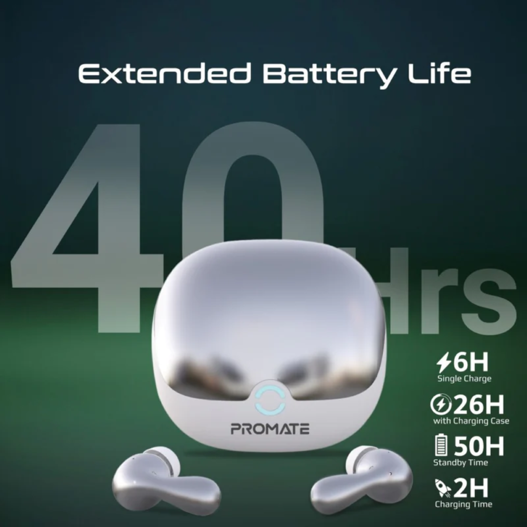 Promate High-Definition Hybrid ANC TWS Earbuds with IntelliTouch - Baton | White