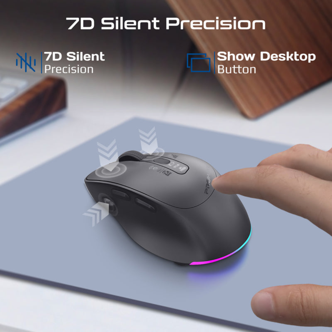 Promate Blix-3M Silent-Click 1600DPI Triple-Mode Rechargeable Mouse with Multi-Device Connectivity | Black