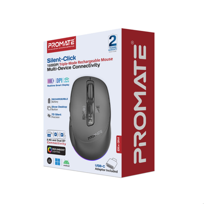 Promate Blix-3M Silent-Click 1600DPI Triple-Mode Rechargeable Mouse with Multi-Device Connectivity | Black