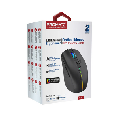 Promate 2.4GHz Wireless Ergonomic Optical Mouse with LED Rainbow Lights - Kitt