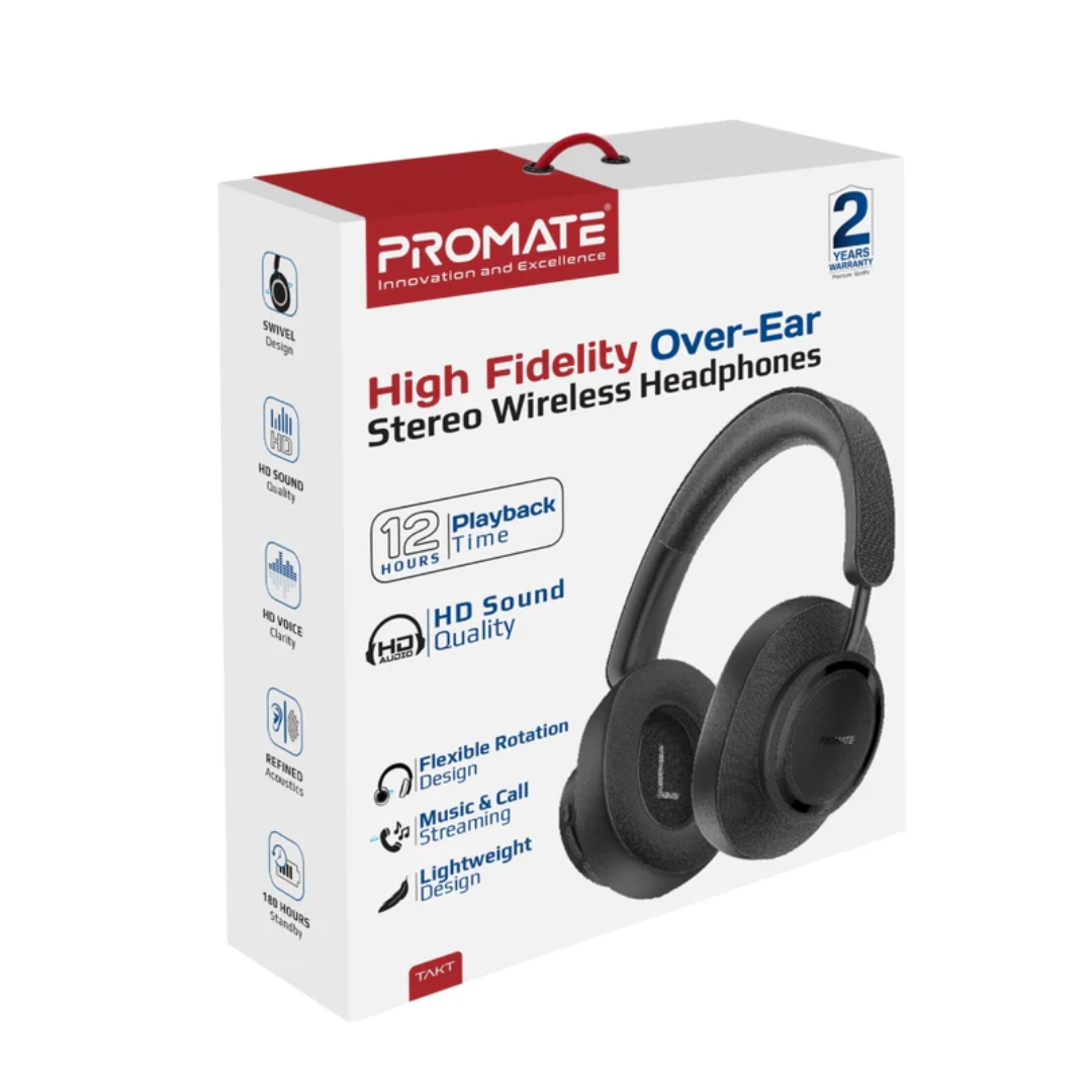 Promate High Fidelity Over-Ear Wireless Headphones - Takt | Black