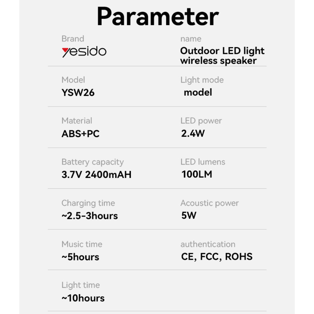 Yesido YSW26 BT Connection 11 Kinds Of Light With 2400mAh Big Battery Outdoor LED Light Wireless Speaker