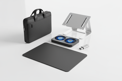 mousepad, usb flash drive, laptop stand and cooling pad and a small laptop bag